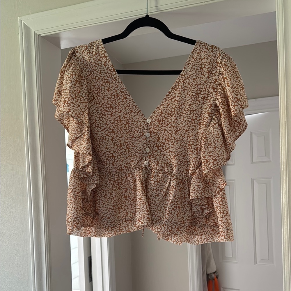 Floral Ruffle Sleeve Top - Brown